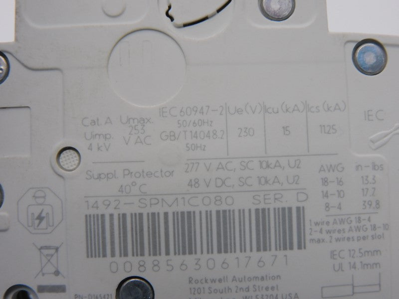 ALLEN BRADLEY 1492-SPM1C080 SER. D 277VAC 8A NSNP
