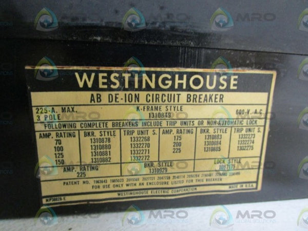 WESTINGHOUSE CIRCUIT BREAKER 225A 1310849  NSNP