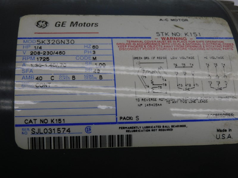 GENERAL ELECTRIC 5K32GN30 208-230/460V 1.30-1.40/.70A NSNP