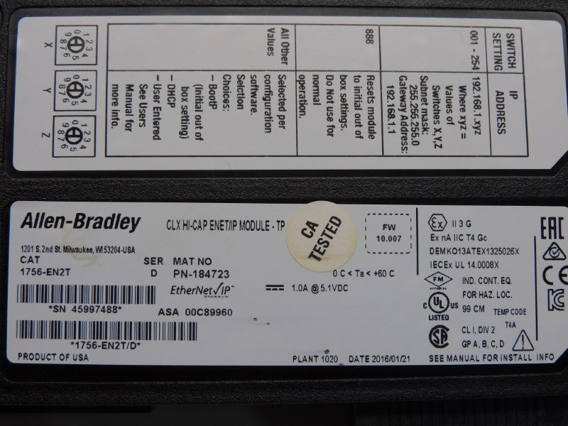 ALLEN BRADLEY 1756-EN2T SER. D F/W 10.007 5.1VDC 1.0A UNMP