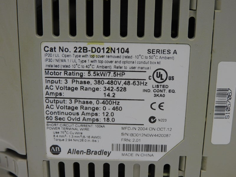 ALLEN BRADLEY 22B-D012N104 SER. A F/W 2.01 342-528VAC 18A UNMP