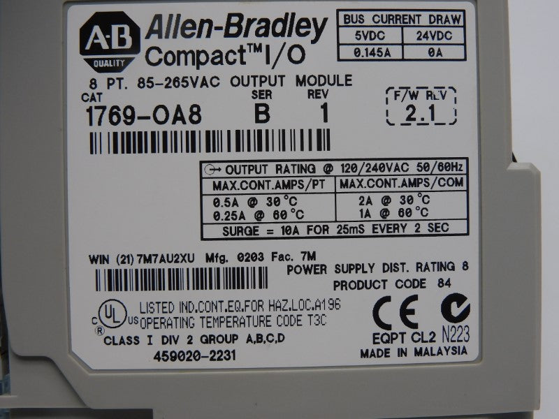 ALLEN BRADLEY 1769-OA8 SER. B F/W 2.1 REV. 1 85-265VAC 10A UNMP
