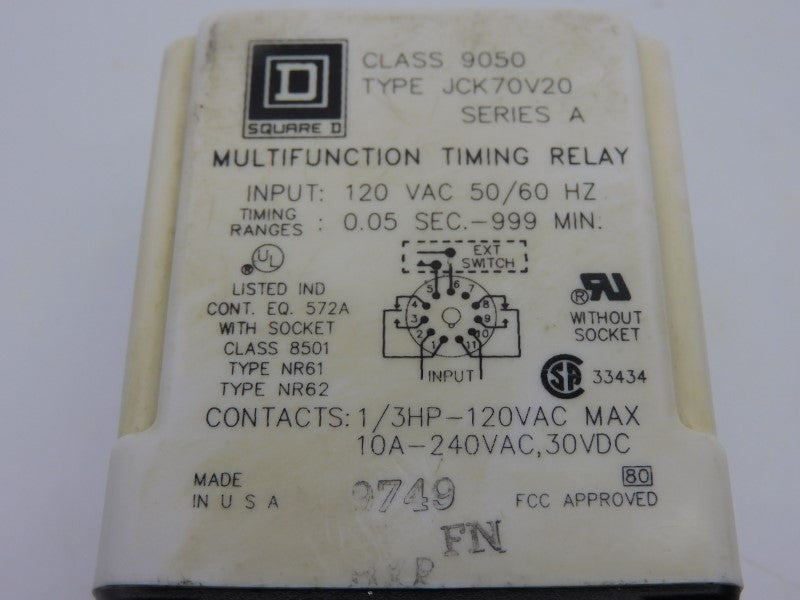 SQUARE D 9050JCK70V20 SER. A 120VAC 10A 0.05S-999M UNMP