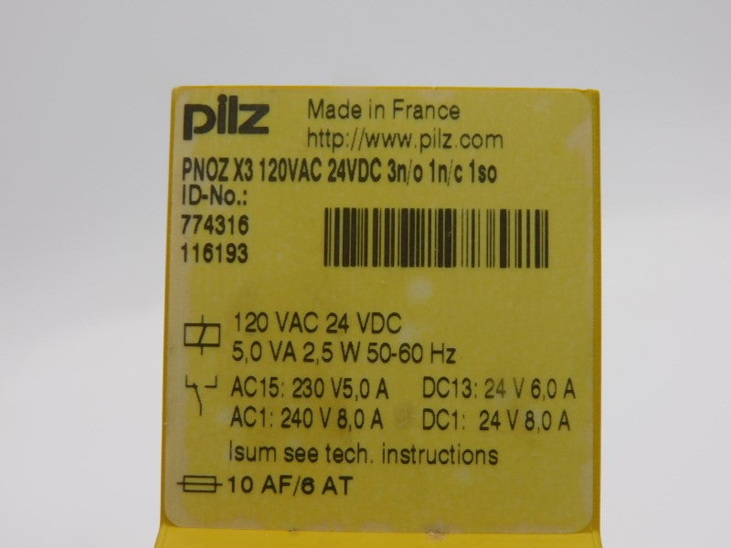 PILZ PNOZX3-120VAC-24VDC-3N/O-1N/C-1SO 774316 120VAC 8.0A UNMP