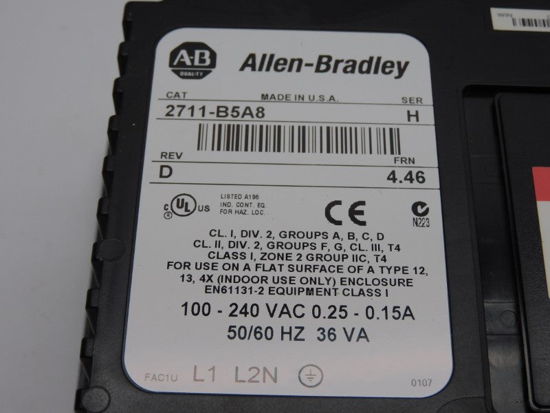 ALLEN BRADLEY 2711-B5A8 SER. H F/W 4.46 REV. D 100-240VAC 0.25-0.15A UNMP