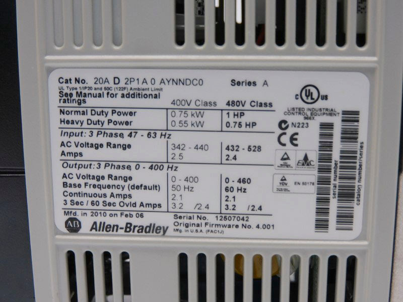 ALLEN BRADLEY 20AD2P1A0AYNNDC0 SER. A F/W 4.001 480VAC 2.5A NSMP