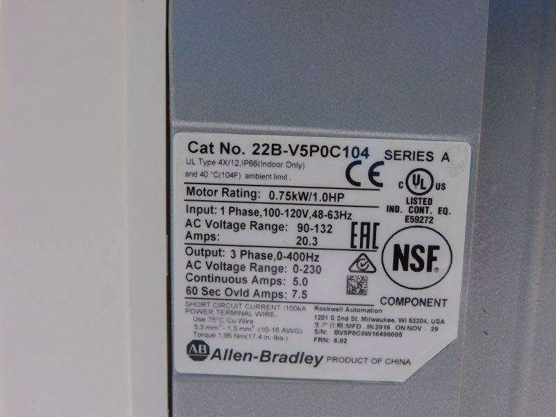 ALLEN BRADLEY 22B-V5P0C104 SER. A F/W 6.02 90-132V 5.0A NSMP