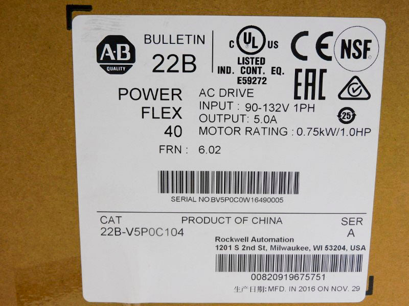 ALLEN BRADLEY 22B-V5P0C104 SER. A F/W 6.02 90-132V 5.0A NSMP