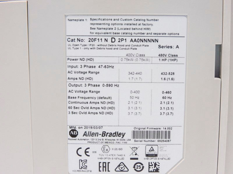 ALLEN BRADLEY 20F11ND2P1AA0NNNNN SER. A F/W 14.002 480VAC 1.7A NSMP