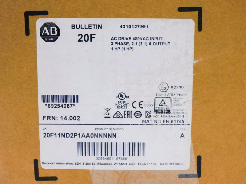 ALLEN BRADLEY 20F11ND2P1AA0NNNNN SER. A F/W 14.002 480VAC 1.7A NSMP