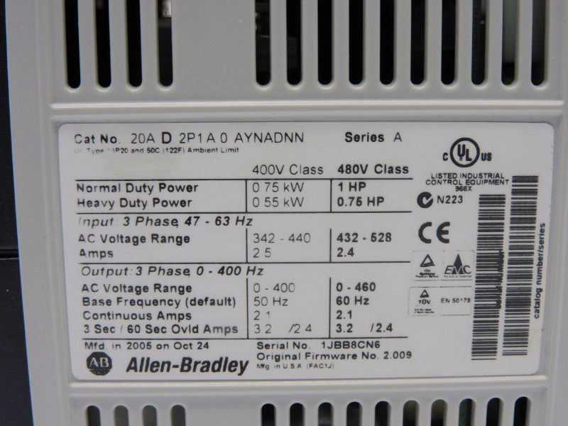 ALLEN BRADLEY 20AD2P1A0AYNADNN SER. A F/W 2.009 432-528V 2.5A REMAN