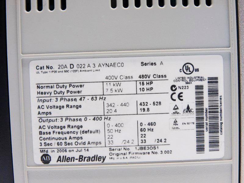 ALLEN BRADLEY 20AD022A3AYNAEC0 SER. A F/W 3.002 480VAC 20.4A NSMP