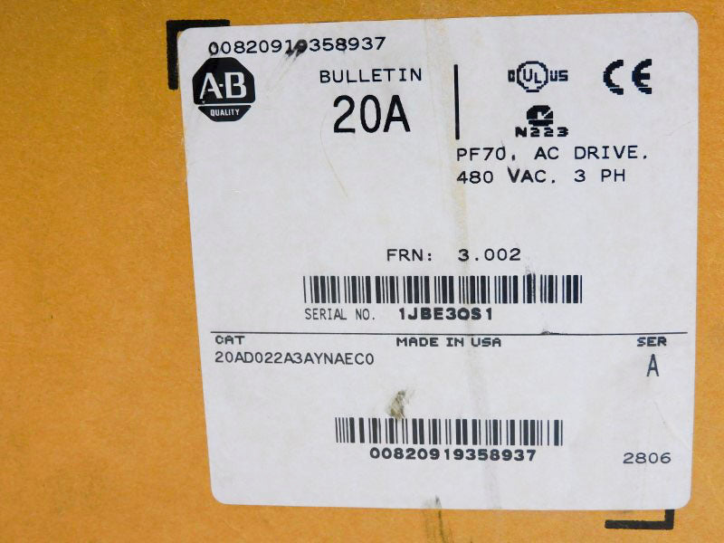 ALLEN BRADLEY 20AD022A3AYNAEC0 SER. A F/W 3.002 480VAC 20.4A NSMP