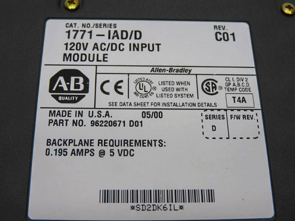 ALLEN BRADLEY 1771-IAD SER. D REV. D01 120VAC/DC 0.195A NSMP