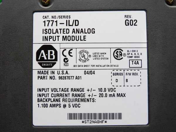 ALLEN BRADLEY 1771-IL SER. D F/W B REV. G02 10.0VDC 1.100A NSMP