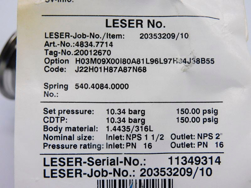 LESER 4834.7714 150.0PSI 1-1/2" NSNP