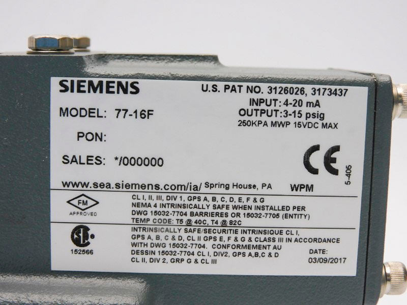 SIEMENS 77-16F 15VDC 3-15PSI NSMP