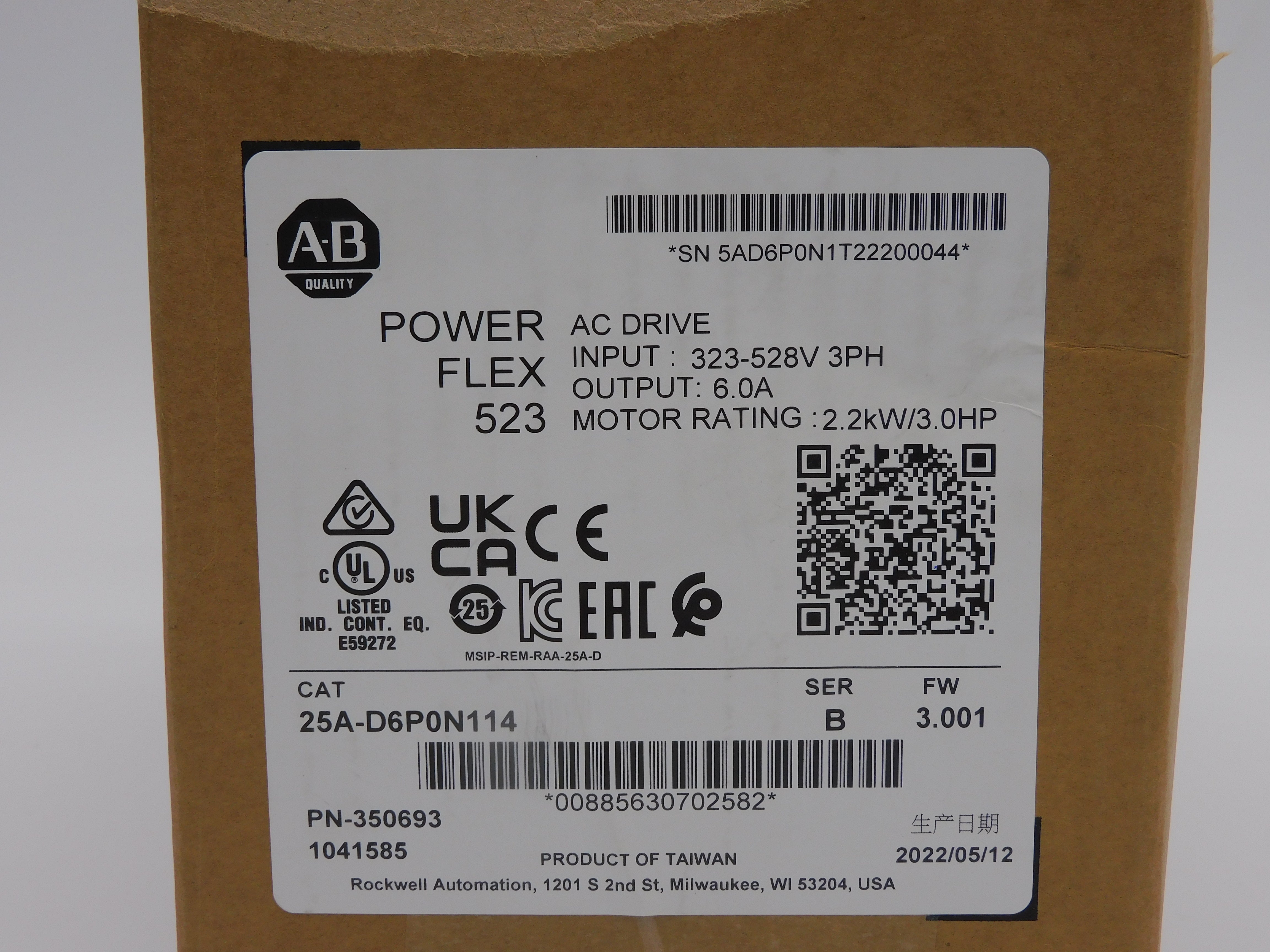 ALLEN BRADLEY 25A-D6P0N114 SER. B F/W 3.001 323-528V 6.0A DATE: 2022 NSFS