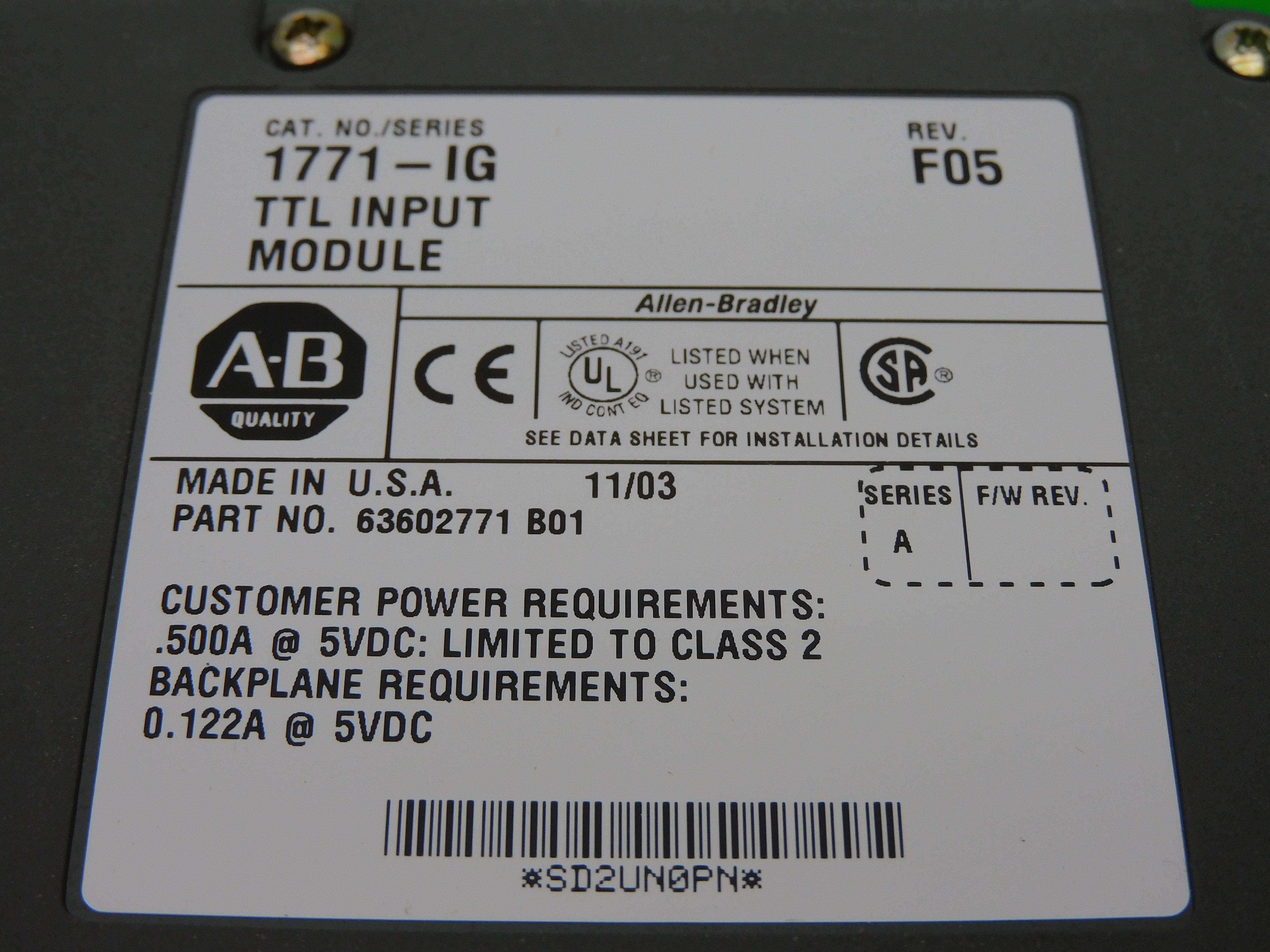 ALLEN BRADLEY 1771-IG SER. A REV. F05 5VDC .500A NSMP