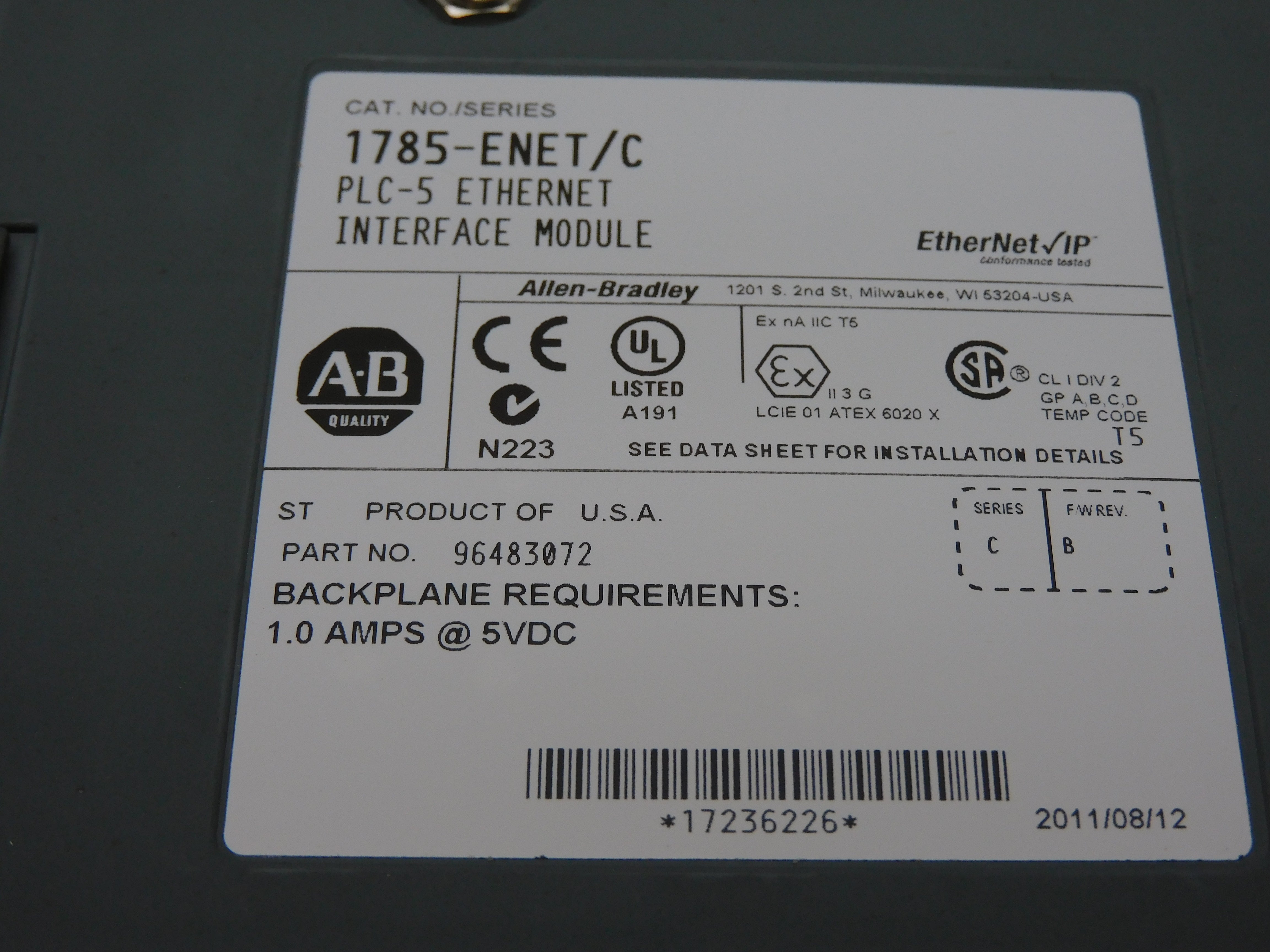 ALLEN BRADLEY 1785-ENET SER. C F/W B 5VDC 1.0A NSMP
