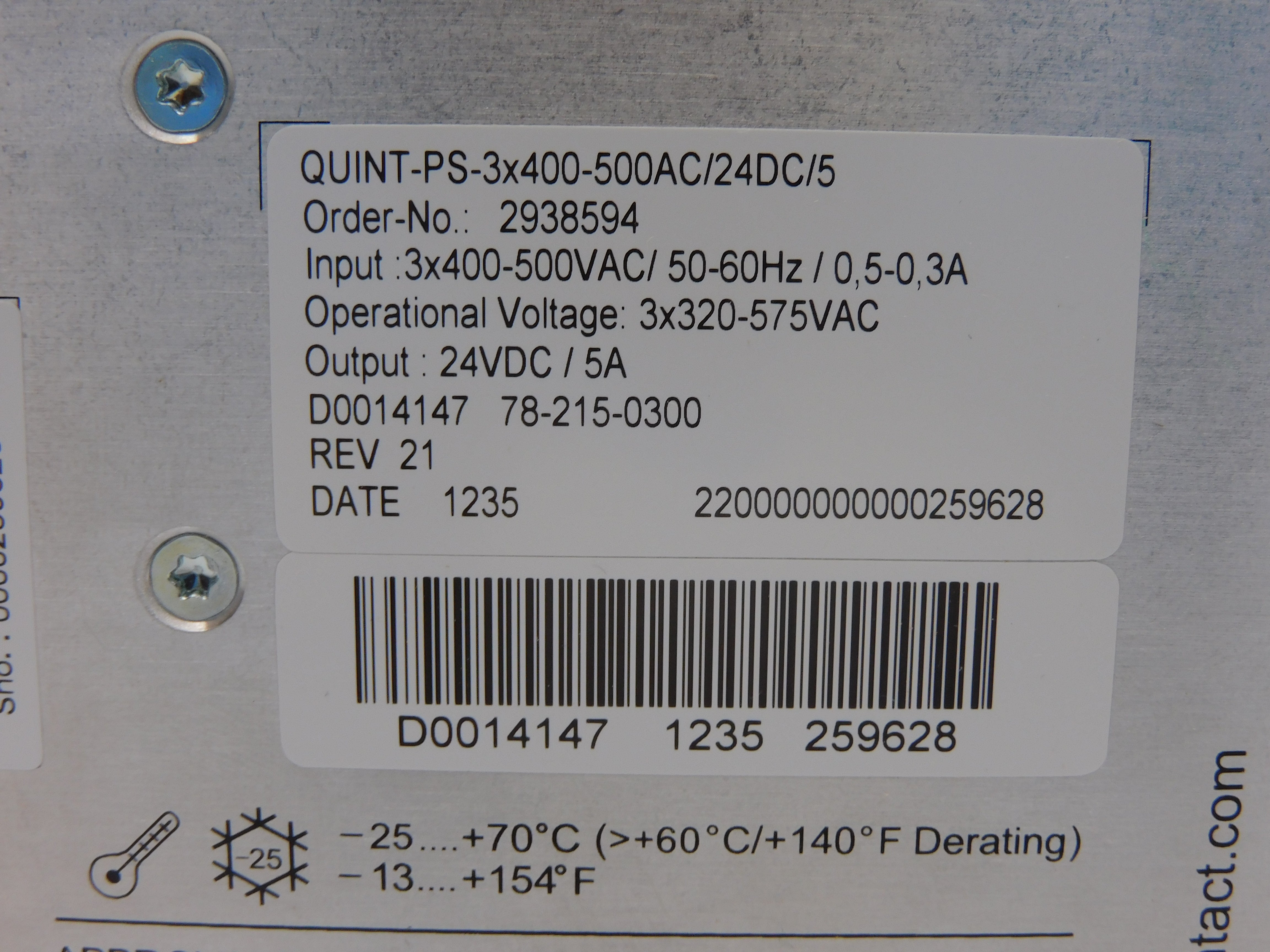 PHOENIX CONTACT QUINT-PS/3X400-500AC/24DC/5 2938594 REV. 21 400-500VAC 5A NSMP