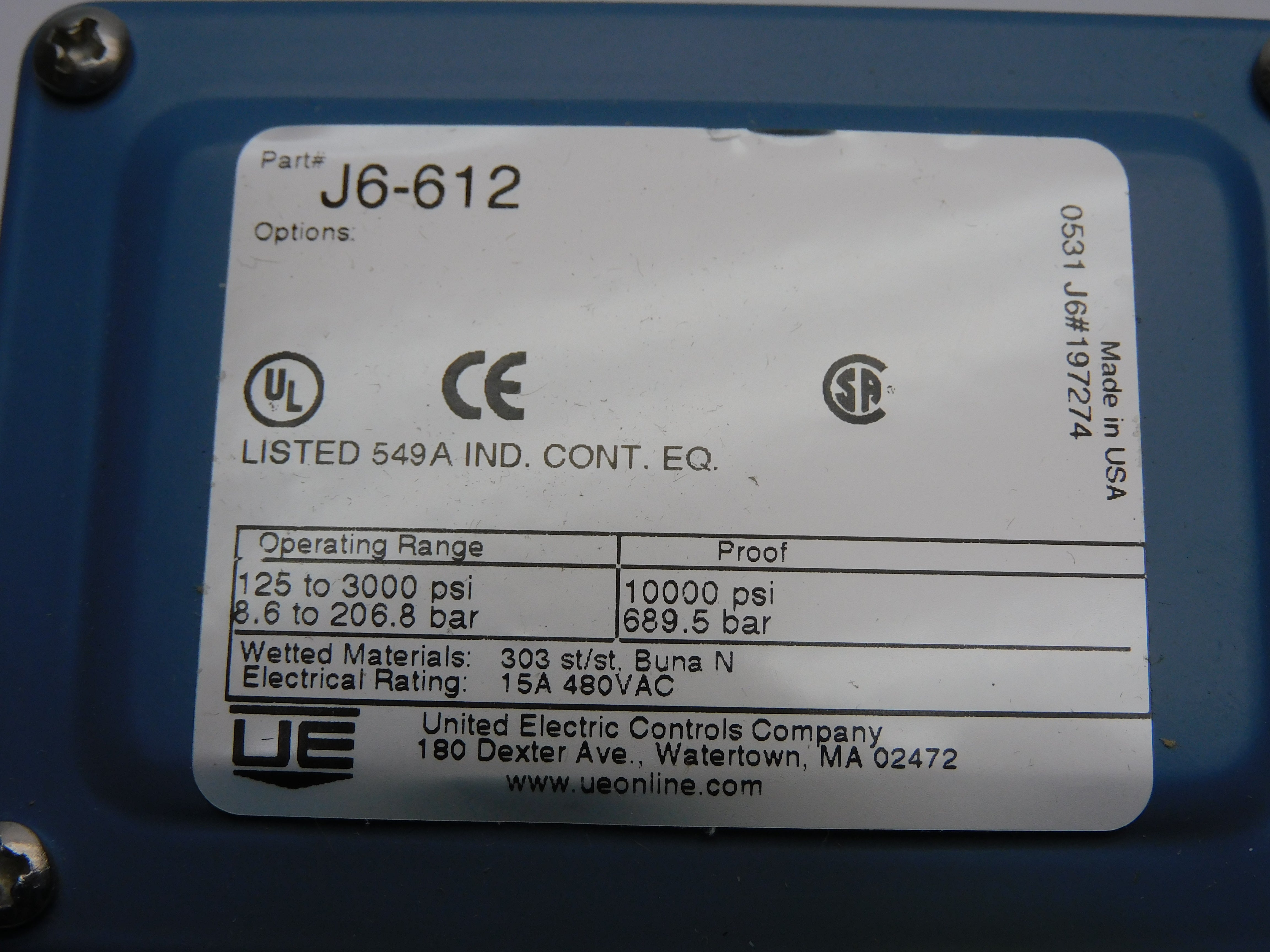 UNITED ELECTRIC J6-612 480VAC 15A 125-3000PSI NSNP