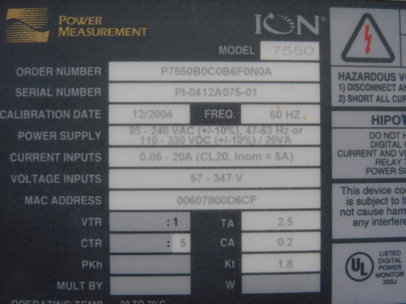 POWER MEASUREMENT ION P7550B0C0B6F0N0A 57-347V 0.05-20A UNMP