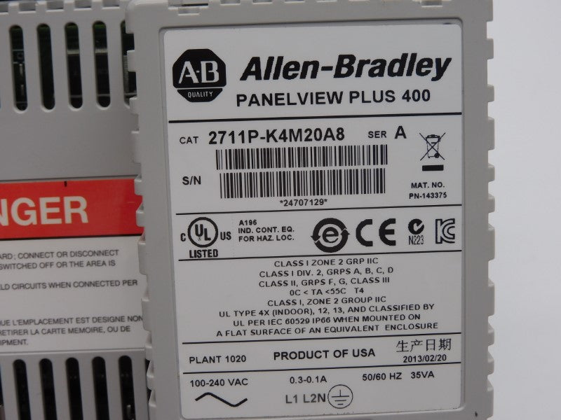 ALLEN BRADLEY 2711P-K4M20A8 SER. A 100-240VAC 0.3-0.1A (AS PICTURED) UNMP