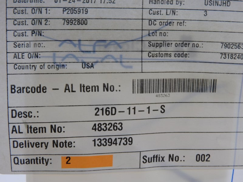 ALFA LAVAL 216D-11-1-S 483263 (PKG OF 2) NSMP