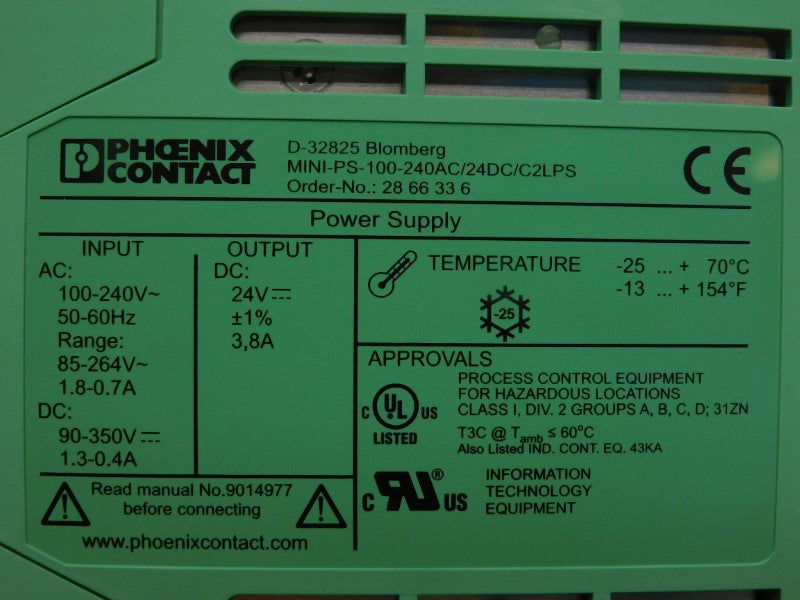PHOENIX CONTACT MINI-PS/100-240AC/24DC/C2LPS 286636 100-240V 3.8A NSMP