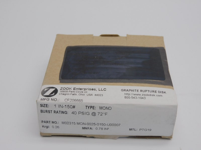 ZOOK ENTERPRISES CF206665 MO2315 MON-0025-0150-U00007 40PSI 1" NSMP
