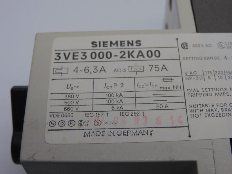 SIEMENS 3VE3000-2KA00 660V 4-6.3A NSNP