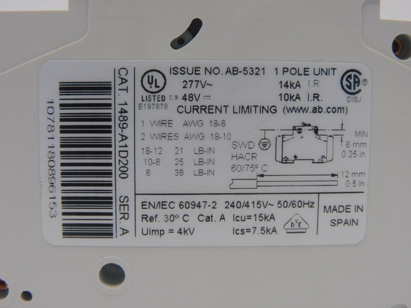 ALLEN BRADLEY 1489-A1D200 SER. A 277VAC 20A (PKG OF 2) (WH) NSMP