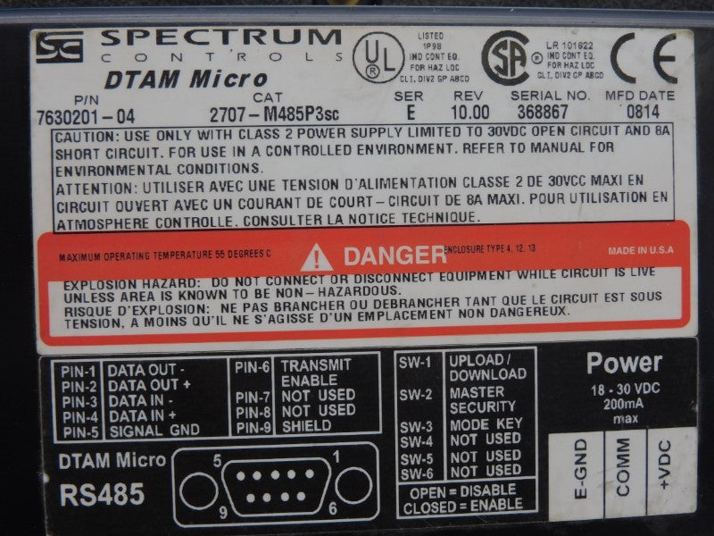 SPECTRUM CONTROLS 2707-M485P3SC 7630201-04 SER. E REV. 10.00 18-30VDC 8A UNMP