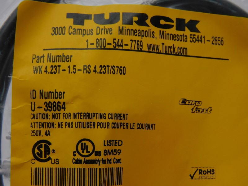 TURCK WK4.23T-1.5-RS4.23T/S760 U-39864 250V 4A NSMP