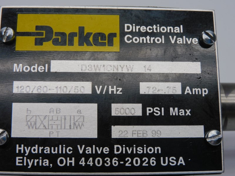 PARKER D3W1CNYW-14 110/120V .72-.75A 5000PSI (AS PICTURED) NSNP