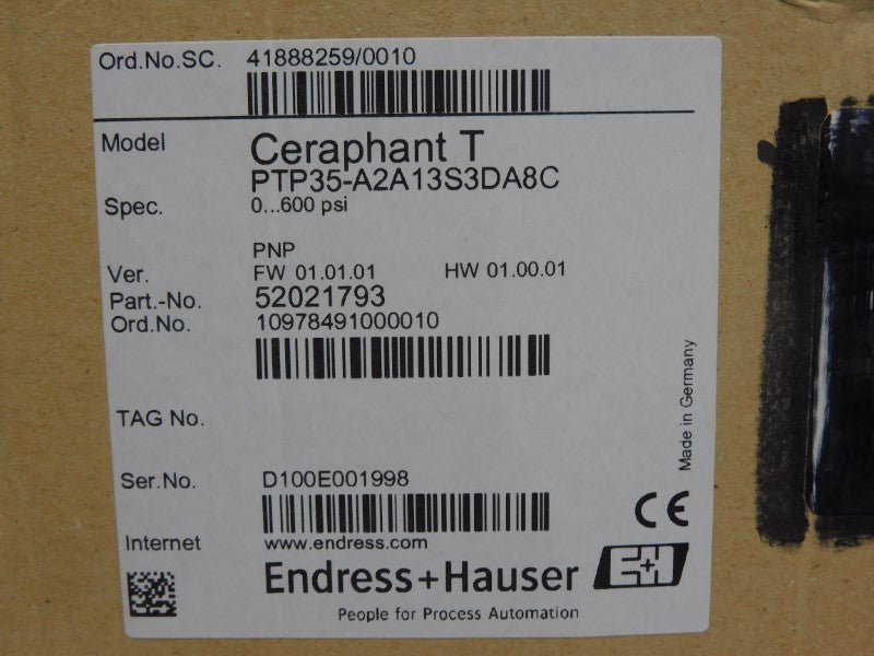 ENDRESS+HAUSER PTP35-A2A13S3DA8C 52021793 F/W 01.01.01 12-30VDC 0-600PSI NSMP