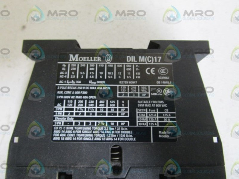 KLOCKNER MOELLER DIL M(C)17-01 CONTACTOR UNMP