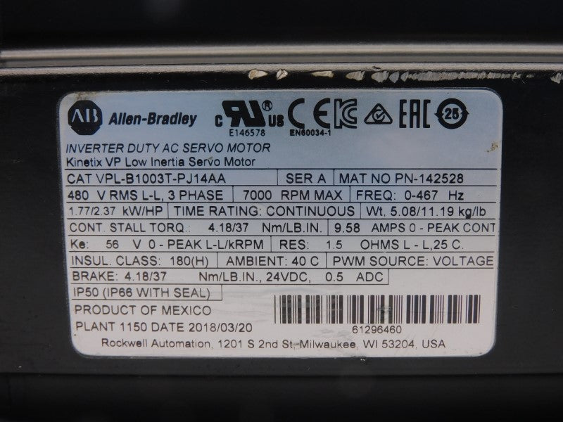 ALLEN BRADLEY VPL-B1003T-PJ14AA SER. A 480V 9.58A NSNP