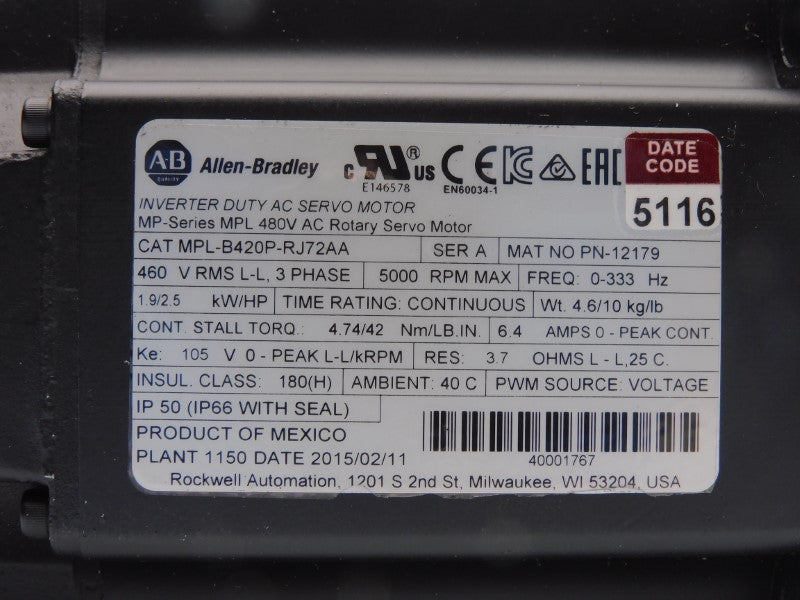 ALLEN BRADLEY MPL-B420P-RJ72AA SER. A 480V 6.4A REMAN