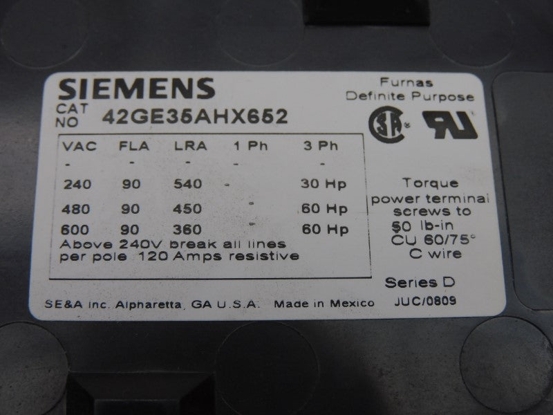 SIEMENS 42GE35AHX652 SER. D 440/480V 120A UNMP