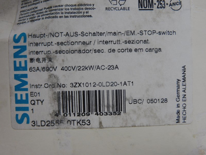 SIEMENS 3LD2555-0TK53 690V 63A NSMP
