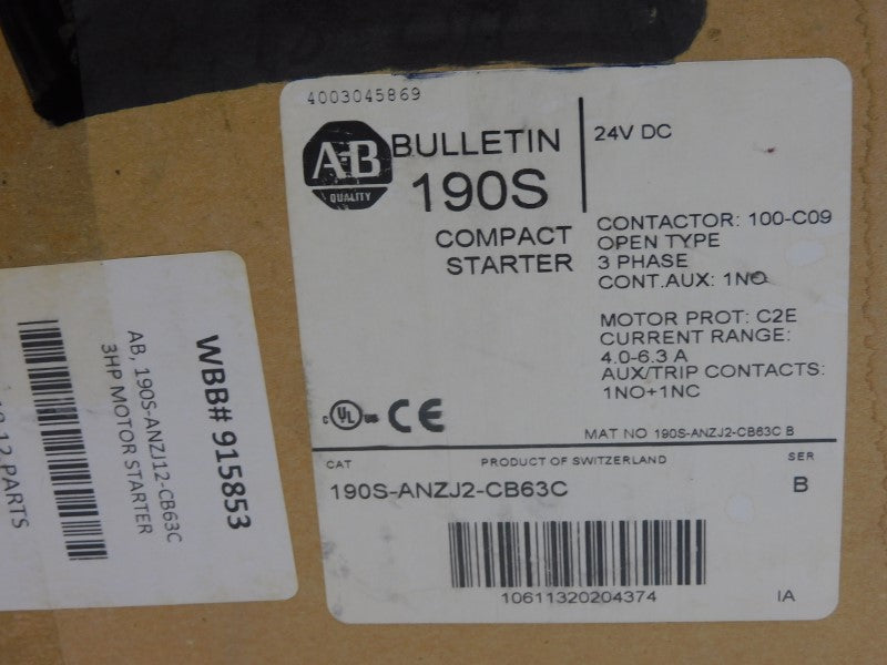 ALLEN BRADLEY 190S-ANZJ2-CB63C SER. B 24VDC 4.0-6.3 A (BR/WH) NSMP