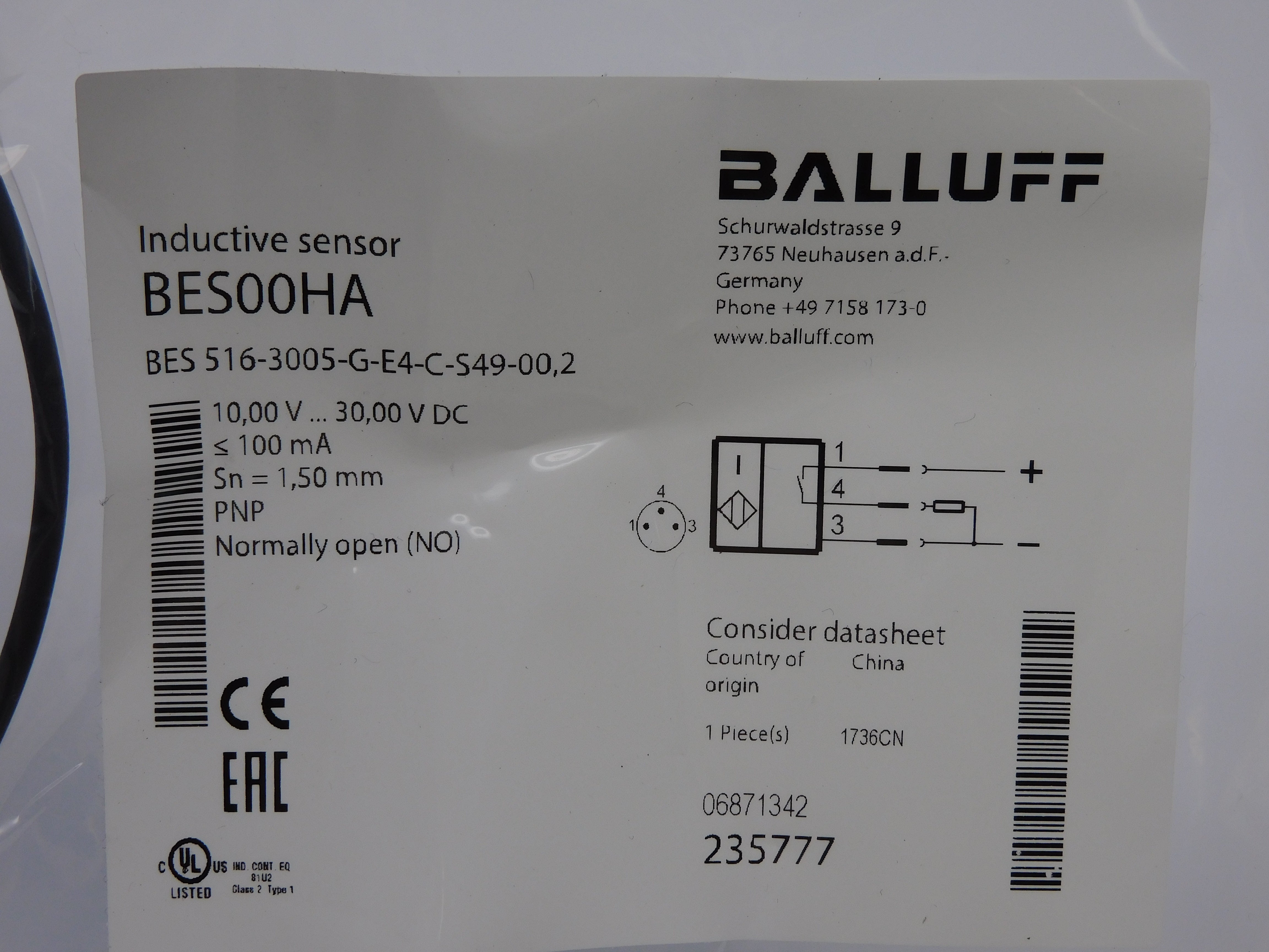 BALLUFF BES516-3005-G-E4-C-S49-00.2 BES00HA 10.00V-30.00VDC NSMP