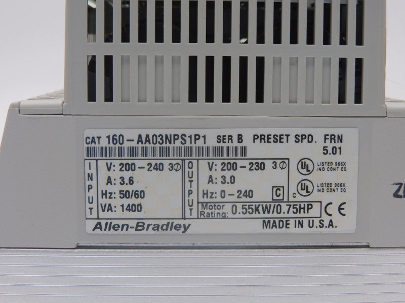ALLEN BRADLEY 160-AA03NPS1P1 SER. B F/W 5.01 200-240V 3.0A (BR/WH) NSMP