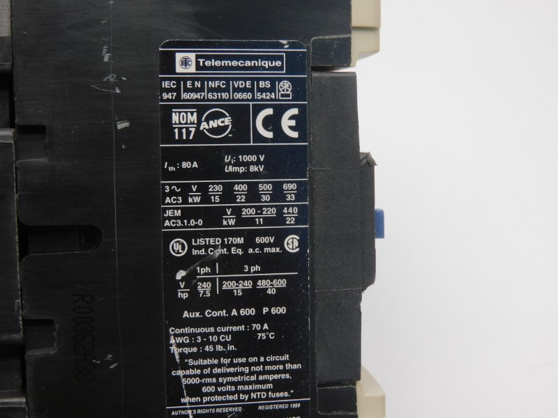 TELEMECANIQUE LC1D5011 120V 80A (AS PICTURED) UNMP