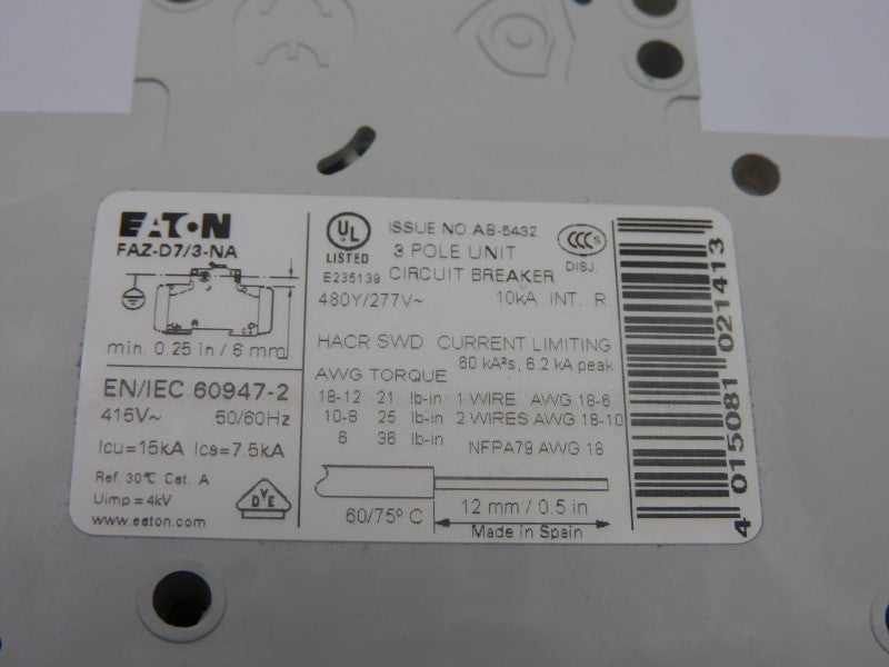 EATON FAZ-D7/3-NA 102265 277VAC 7A NSMP