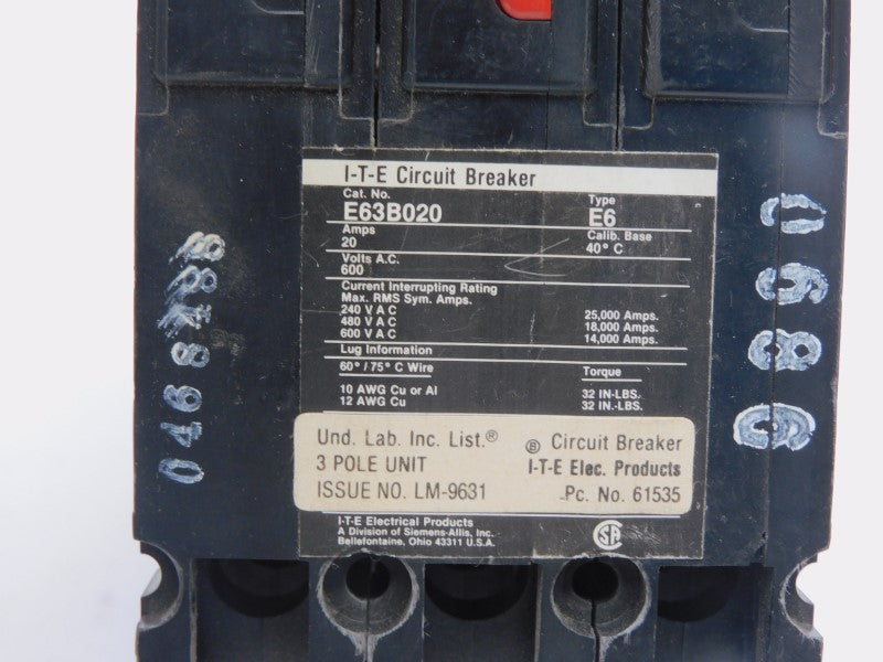 I-T-E E63B020 600V 20A (AS PICTURED) NSMP