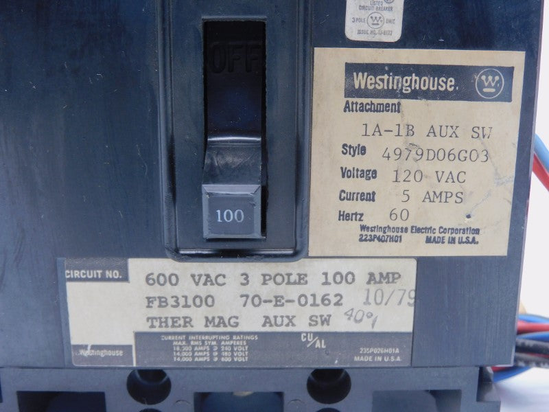 WESTINGHOUSE FB3100 4979D06G03 600VAC 100A UNMP