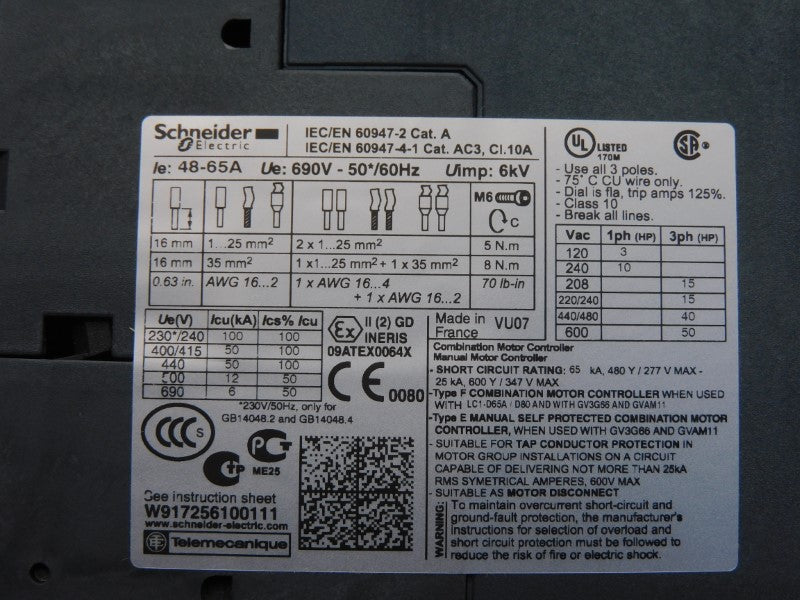 SCHNEIDER ELECTRIC GV3P65 690V 48-65A NSNP